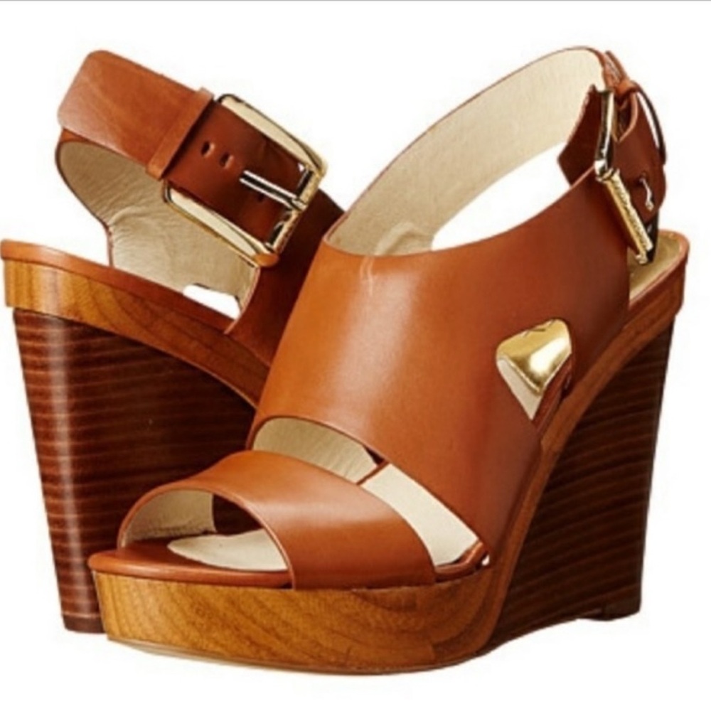 Michael Kors Leather Wedge Sandals in Cognac / Brown